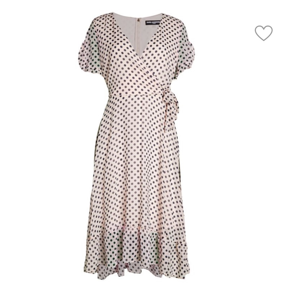 Polka-dot wrap front dress.